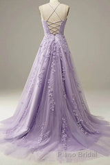 Light Purple Lace Applique A Line Spaghetti Straps Formal Prom Dresses Evening Gown