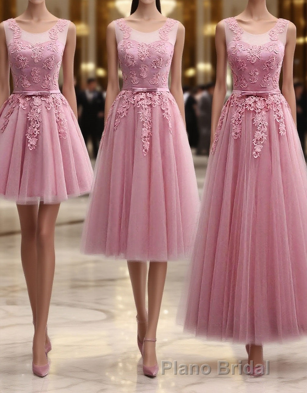Pink Round Neck Lace Tulle Formal Prom Dresses, Lace Evening Dresses Main image
