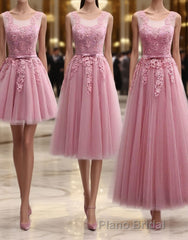 Pink Round Neck Lace Tulle Formal Prom Dresses, Lace Evening Dresses