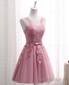 Pink Round Neck Lace Tulle Formal Prom Dresses, Lace Evening Dresses