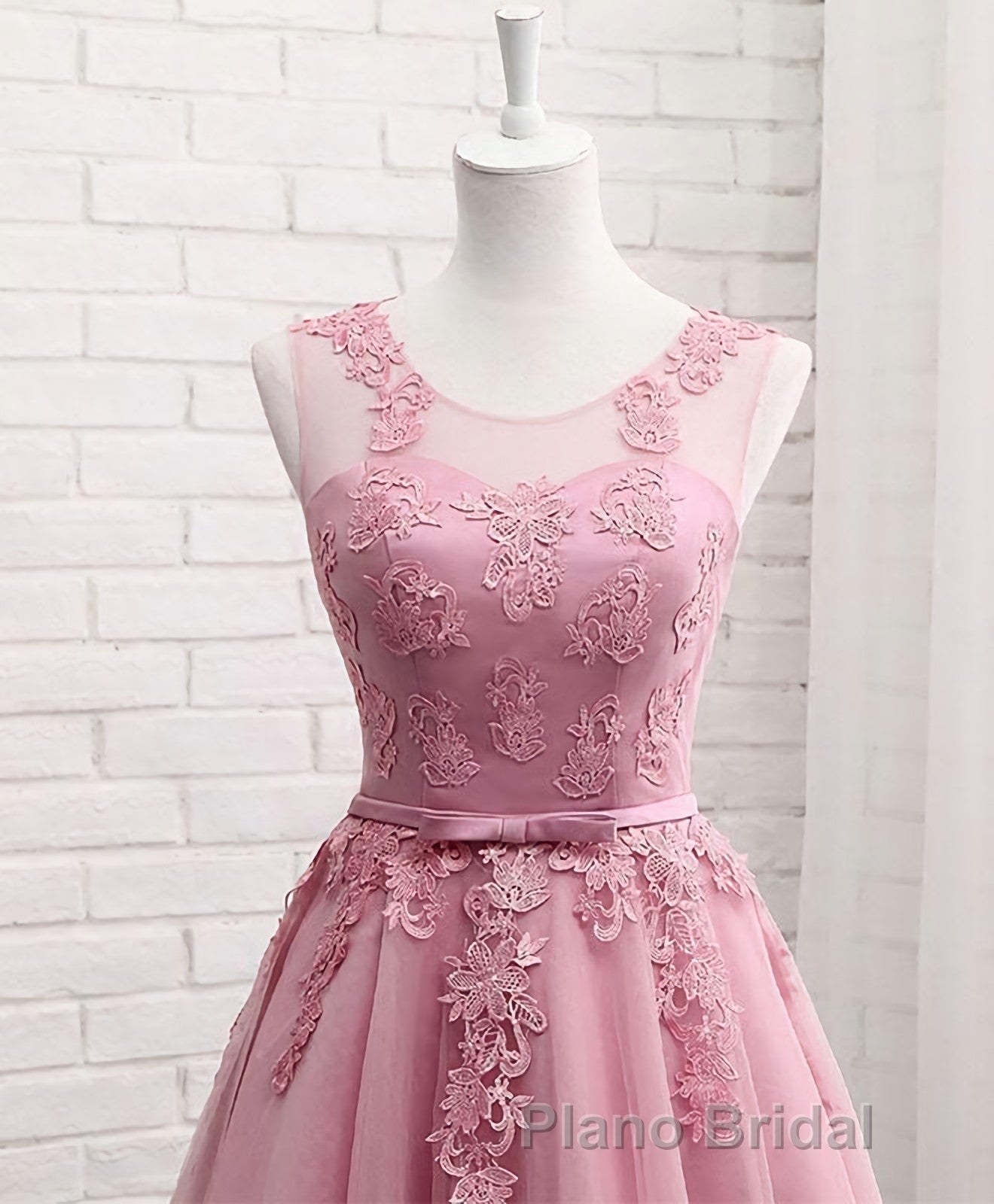 Pink Round Neck Lace Tulle Formal Prom Dresses, Lace Evening Dresses Secondary image