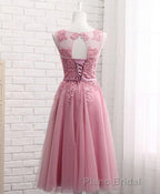 Pink Round Neck Lace Tulle Formal Prom Dresses, Lace Evening Dresses