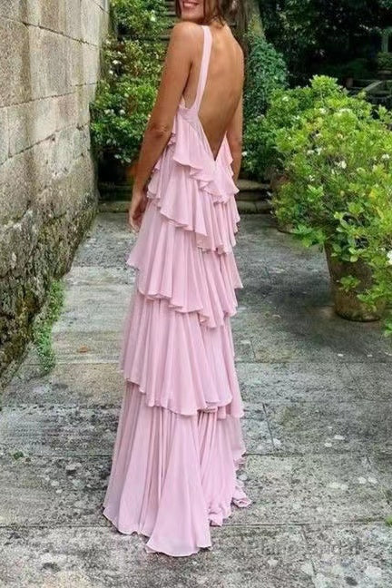 A Line Straps Tiered Chiffon Floor Length Long Prom Dress Pink Bridesmaid Dress Secondary image