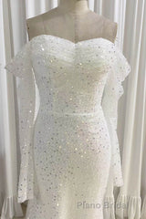 Ivory Mermaid Sequined Formal Prom Dresses with Long Sleeves, Sparkly Long Party Dresses