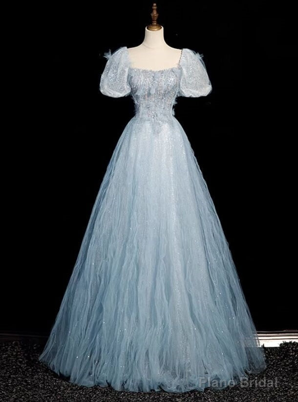 Queenly Blue Tulle Sequins Puff Sleeve Beading Prom Dress Main image