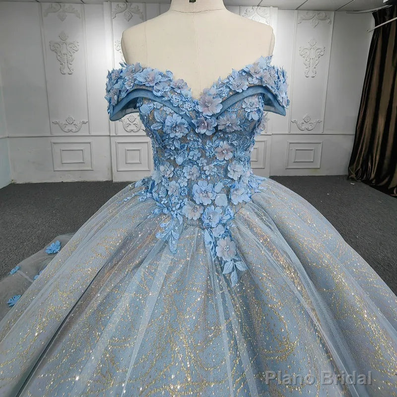 Quinceanera Blue  Off-the-Shoulder  Ball Gown Flower Dress