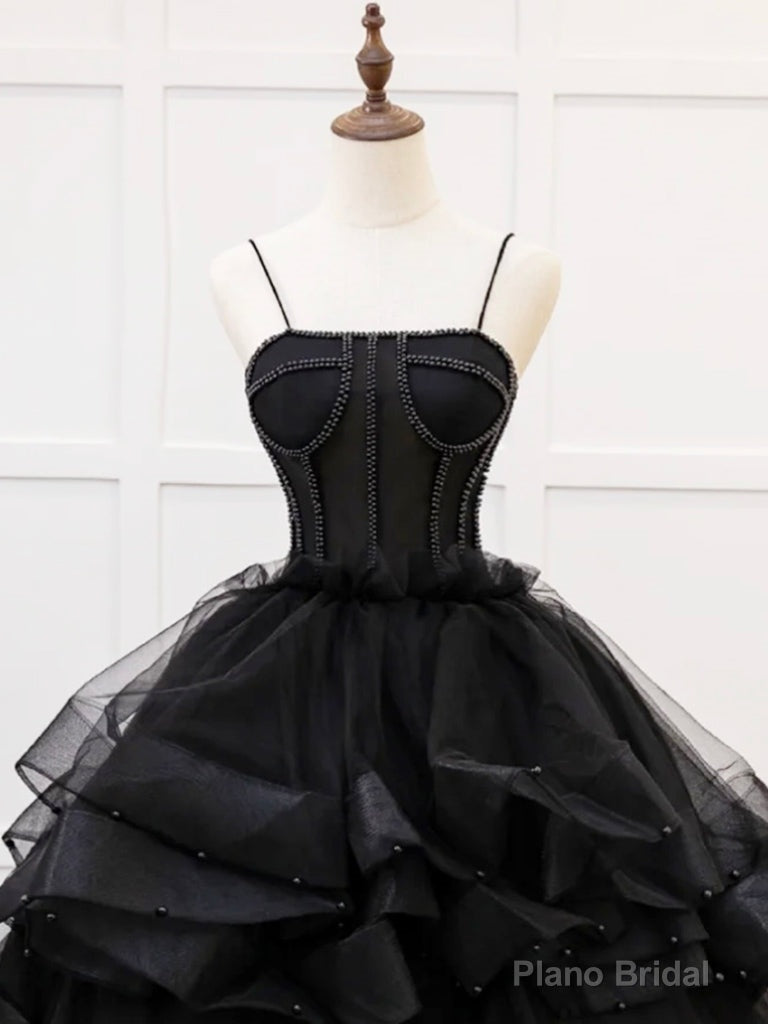 Quinceanera Dress A-Line Tulle Beads Black Long Prom Dress Black Sweet Dress Secondary image