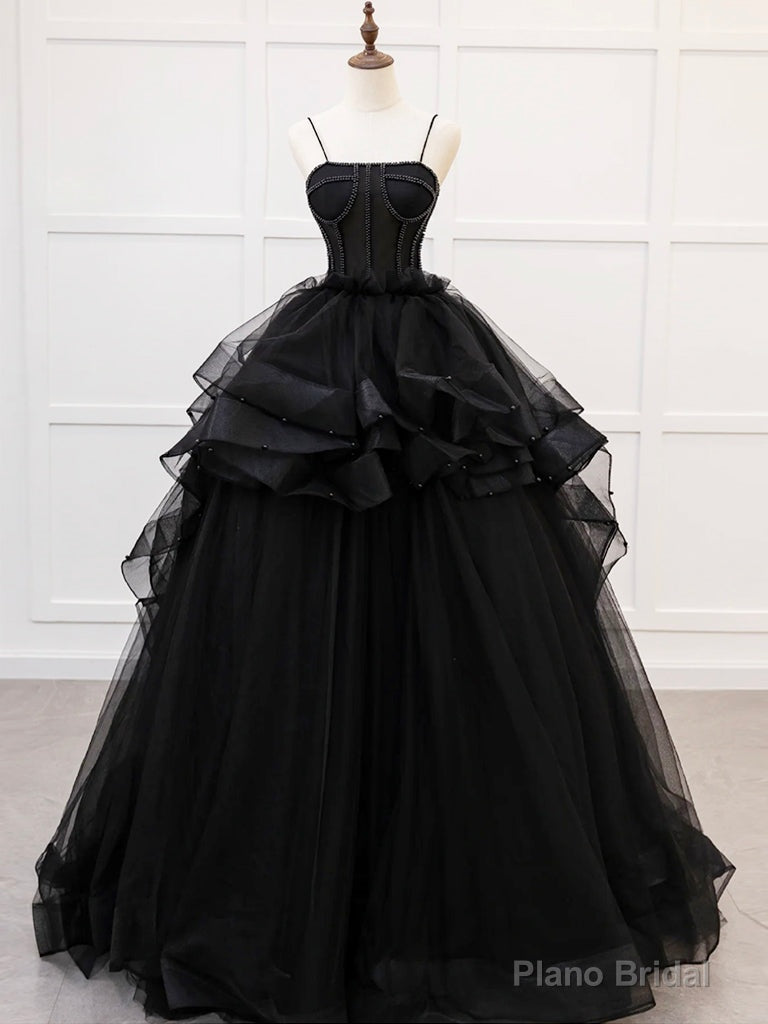 Quinceanera Dress A-Line Tulle Beads Black Long Prom Dress Black Sweet Dress Main image