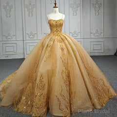 Quinceanera Dress Gold Beading Formal Long Evening Dress Spaghetti Straps Ball Gown