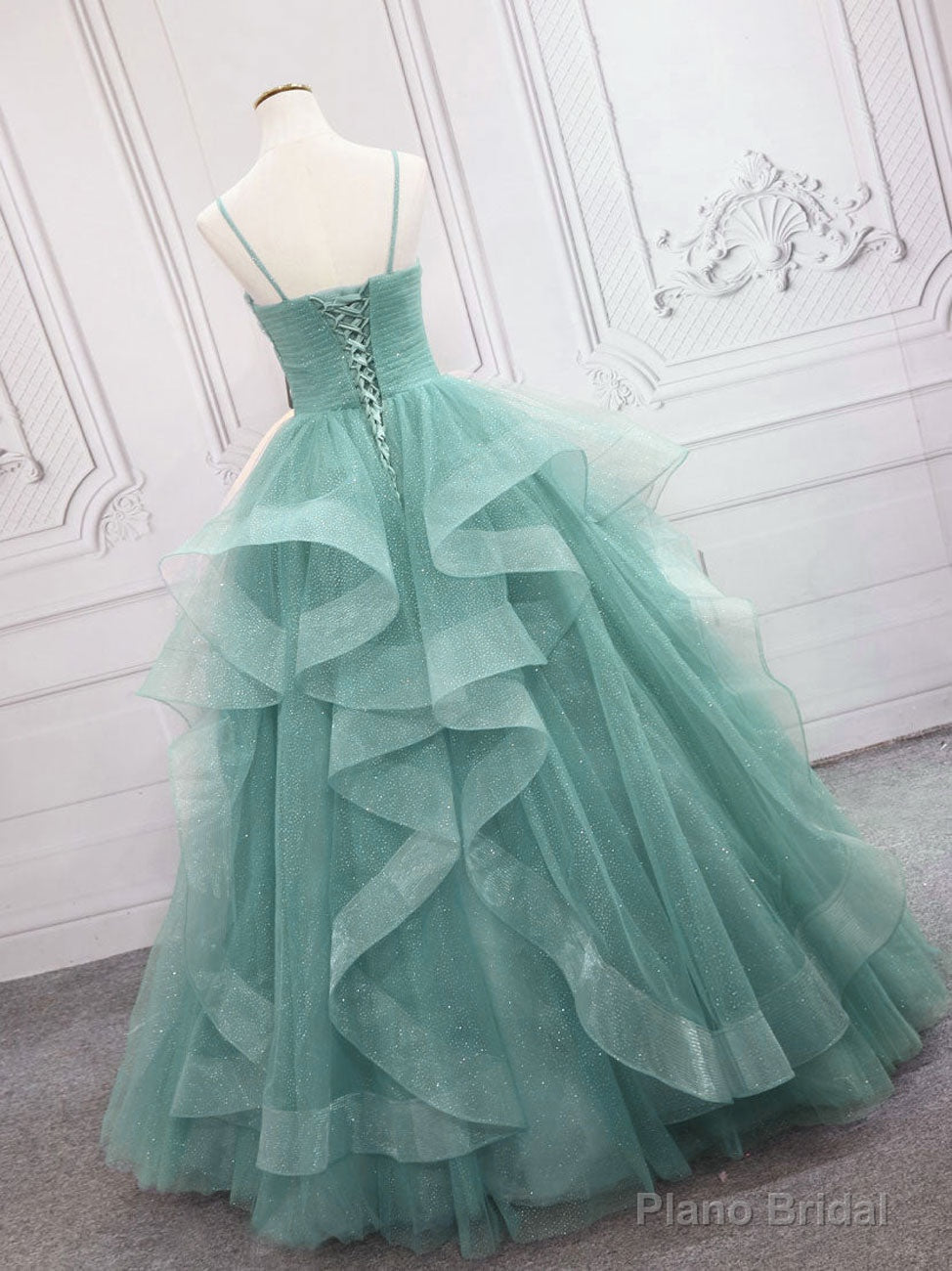 Quinceanera Dress Green V Neck Tulle Long Prom Dress Green Sweet Dress Secondary image