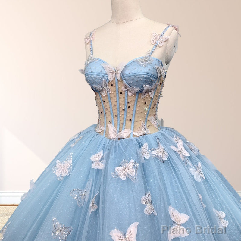 Quinceanera Dresses Spaghetti Straps Beading with 3D Butterfly Appliques