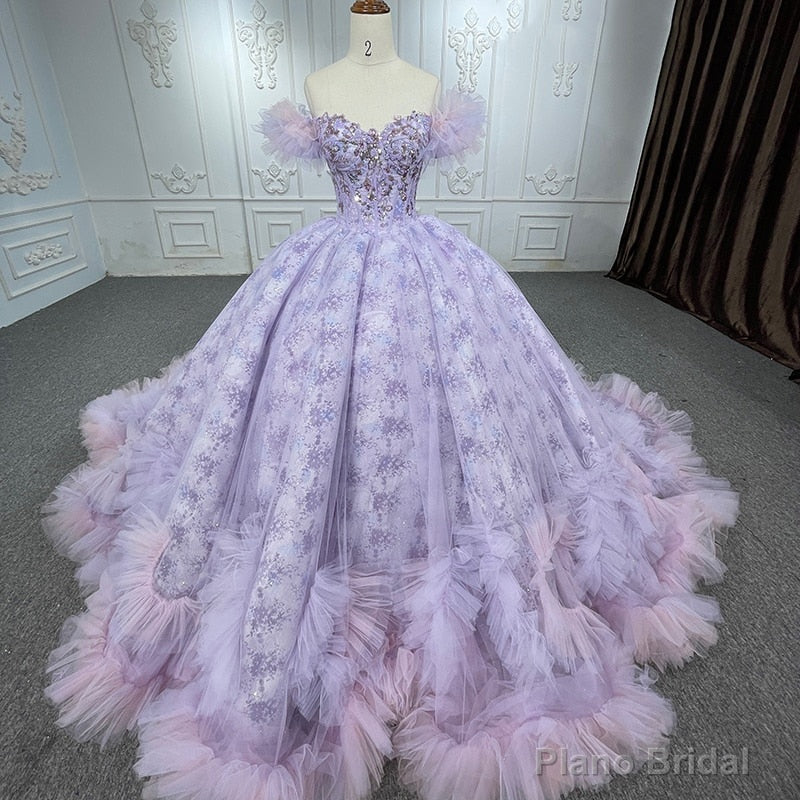 Quinceaera lace  Off-the-Shoulder Ball Gown Purple Sequined Dress