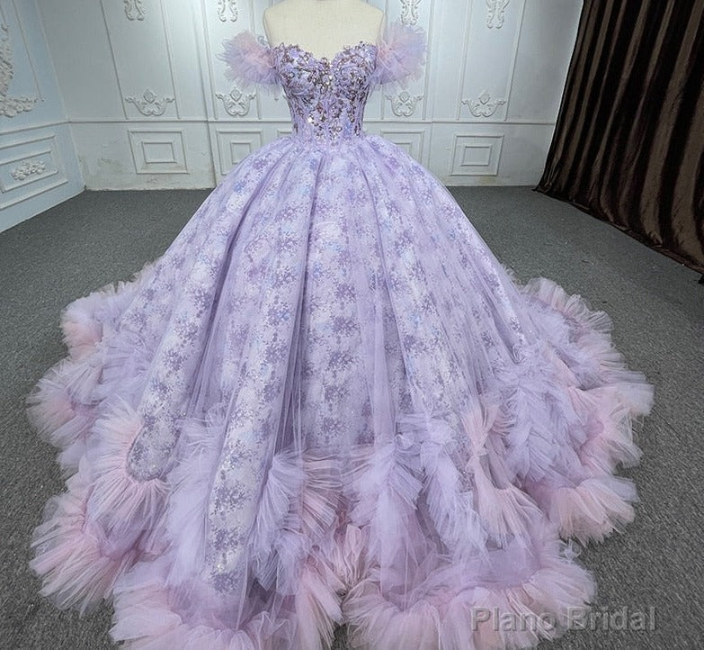 Quinceaera lace  Off-the-Shoulder Ball Gown Purple Sequined Dress Main image