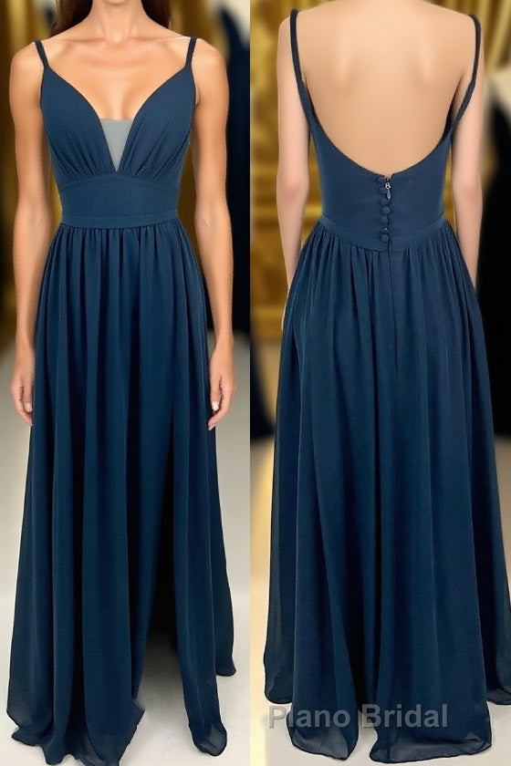 Navy Blue Chiffon A-line Long Bridesmaid Dresses with Buttons