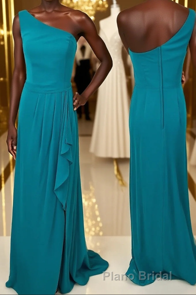 One Shoulder Turquoise Ruffles Chiffon Long Bridesmaid Dresses Main image