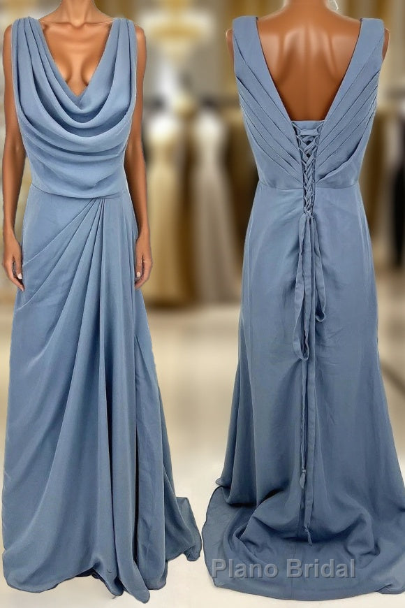 Cowl Neck Misty Blue Chiffon A-line Long Bridesmaid Dresses Main image