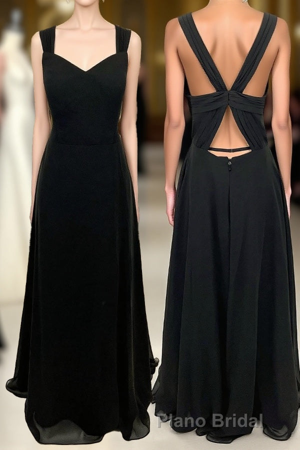 Princess Black Chiffon A-line Long Bridesmaid Dresses