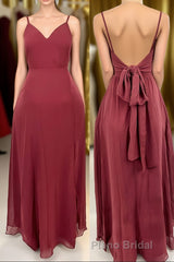 Ruffle Straps Burgundy Chiffon A-line Long Bridesmaid Dresses