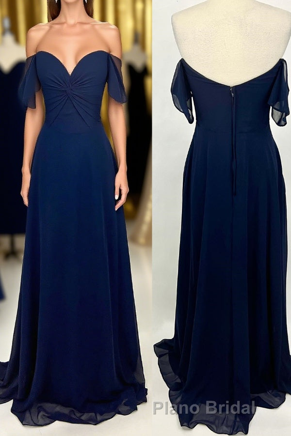 Knot Off the Shoulder Navy Blue Chiffon Long Bridesmaid Dresses Main image