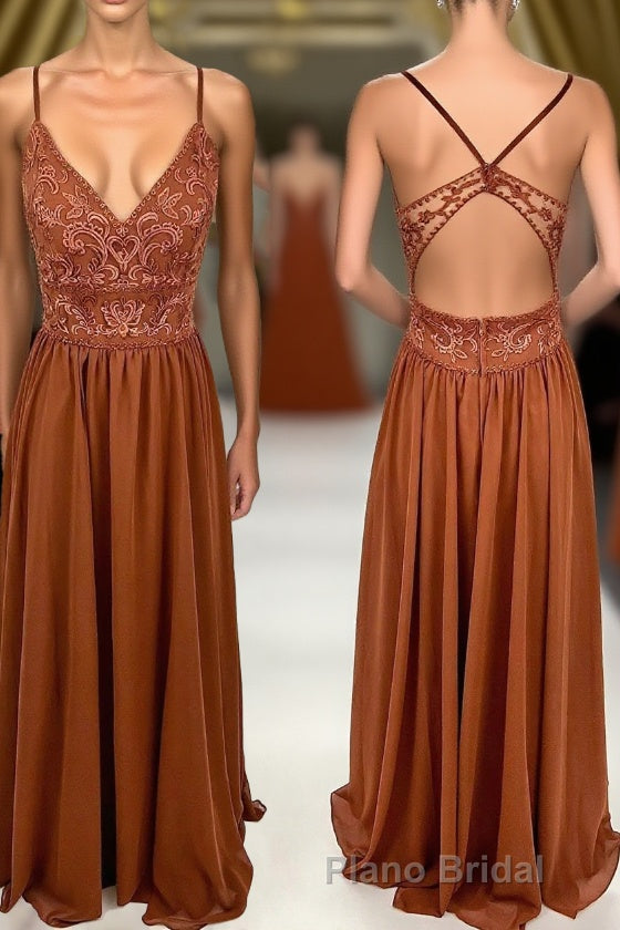 Rust Orange Lace and Chiffon A-line Long Bridesmaid Dresses Main image
