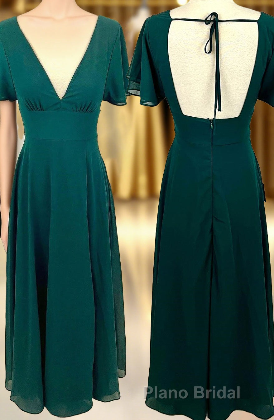 Flounce Sleeves Green Chiffon V Neck Long Bridesmaid Dresses Main image