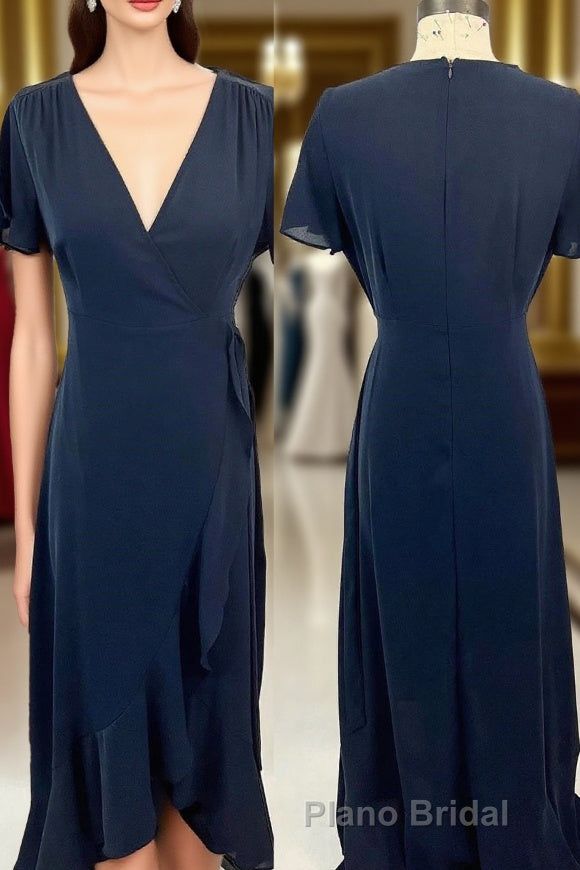 Short Sleeves Navy Blue Chiffon A-line Long Bridesmaid Dresses Main image