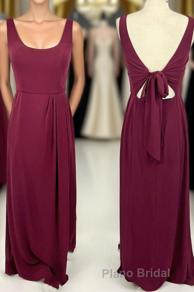 Simple Wine Red Scoop Long Bridesmaid Dresses Main image