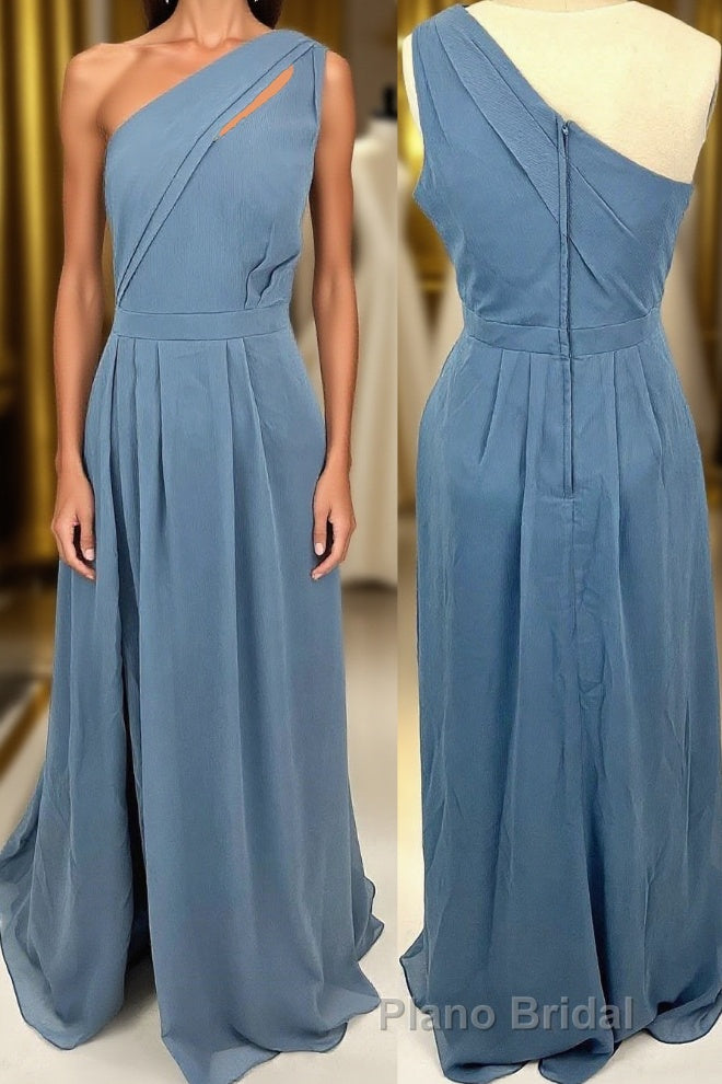 One Shoulder Misty Blue Chiffon A-line Long Bridesmaid Dresses
