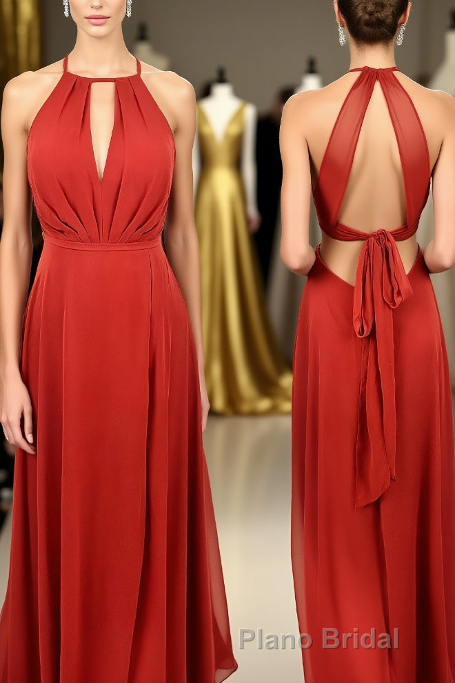 Scoop Red A-line Chiffon Long Bridesmaid Dresses with Open Back