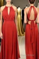 Scoop Red A-line Chiffon Long Bridesmaid Dresses with Open Back