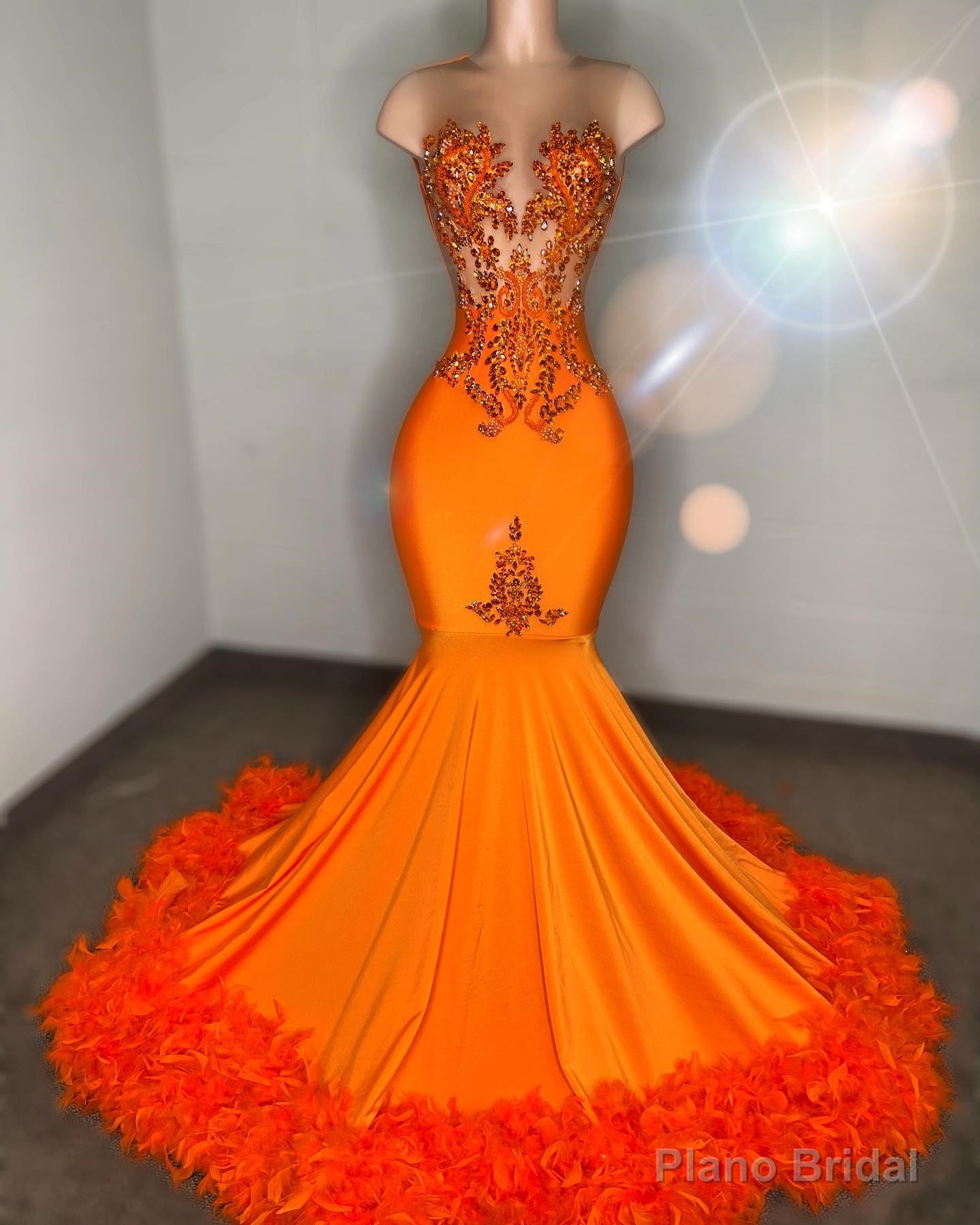 Radiant Orange Embellished Mermaid Gown with Feather Details Main image