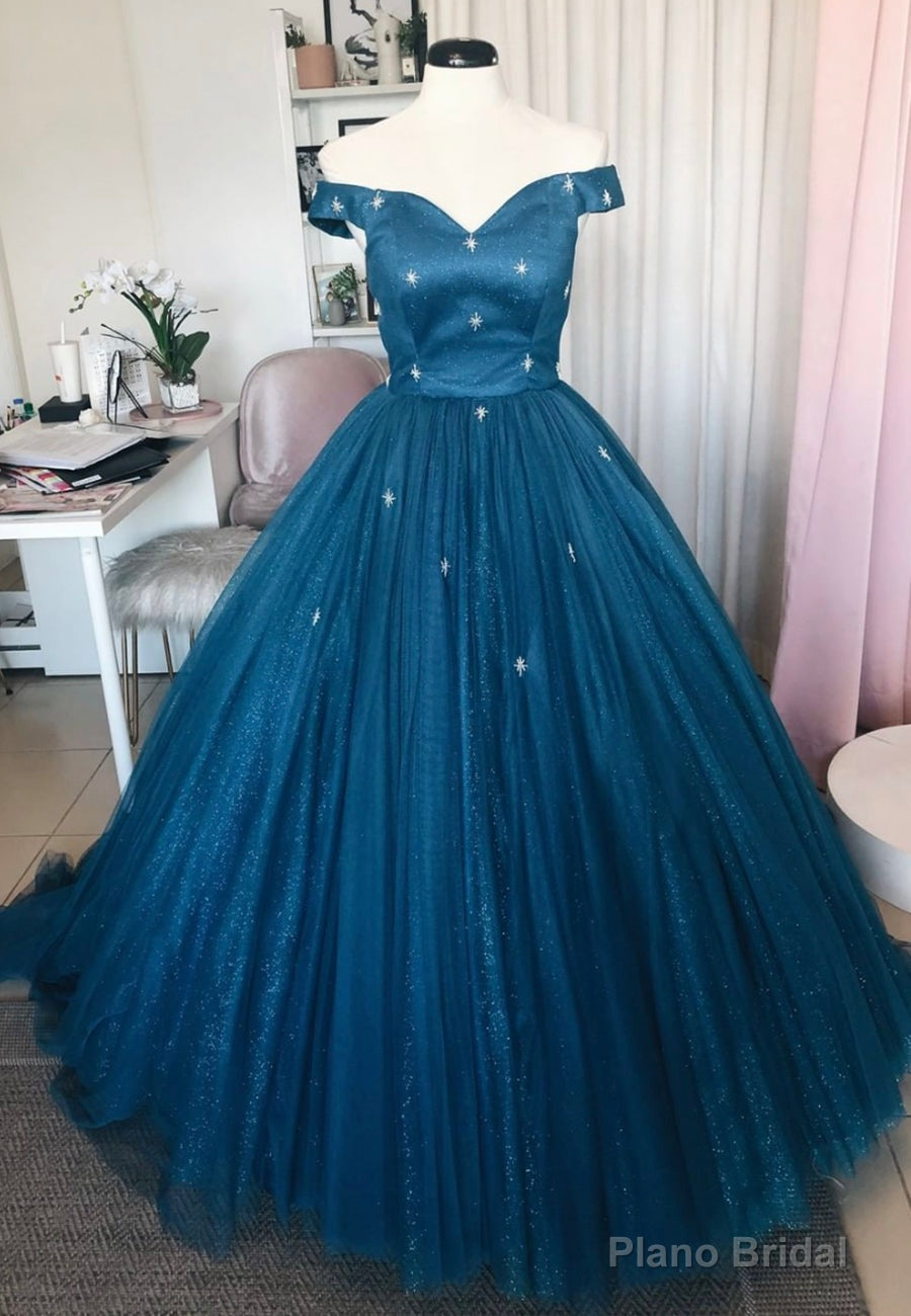 Blue Tulle Long A-Line Prom Dresses, Off the Shoulder Evening Dresses Main image