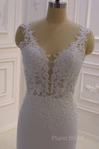 Real Long Vintage Lace Wedding Dresses Mermaid Sleeveless Bridal Gowns