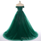 Real Off Shoulder Green Formal Prom Dresses Beaded Appliques Emerald Quince Dresses