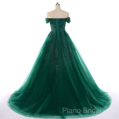 Real Off Shoulder Green Formal Prom Dresses Beaded Appliques Emerald Quince Dresses
