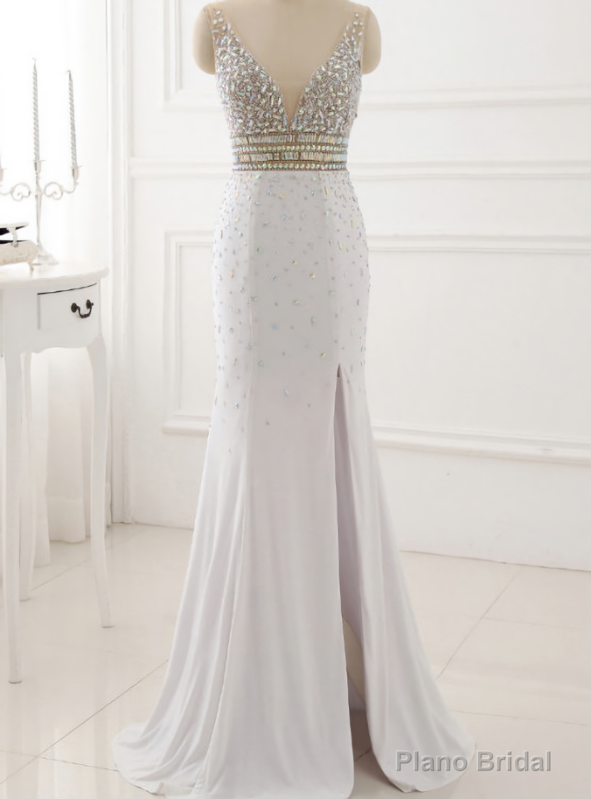 Real Picture Prom Dress Evening Party Gowns Long Sexy High Slit Chiffon Crystal Main image