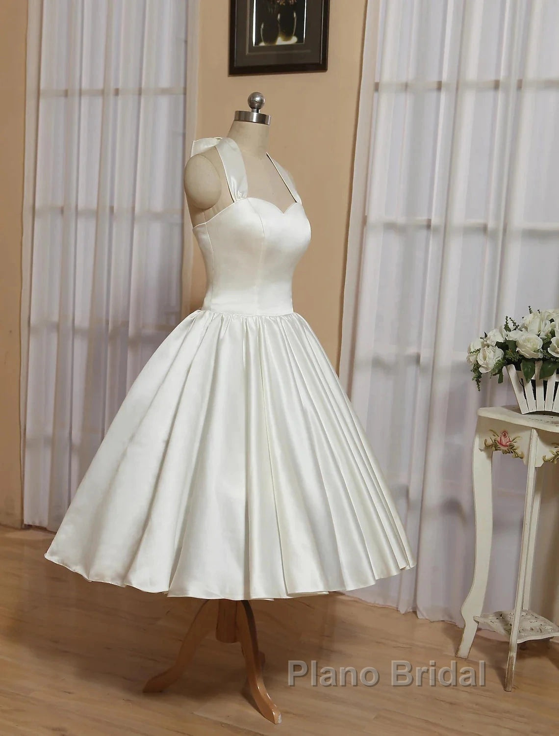 Reception Little White Dresses Wedding Dresses A-Line Halter Sleeveless Tea Length Satin Bridal Gowns With Bow(S) Pleats
