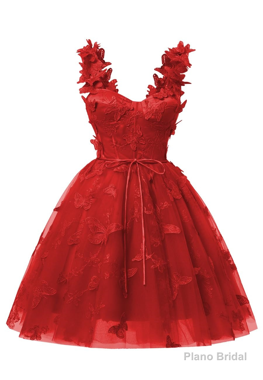 Red 3D Butterfly Lace Applique Tulle Homecoming Dress for Teens Sweetheart Mini Short Prom Dresses Main image