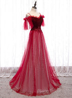 Red A-Line Floor Length Off Shoulder Long Formal Prom Dresses, Red Long Formal Dresses