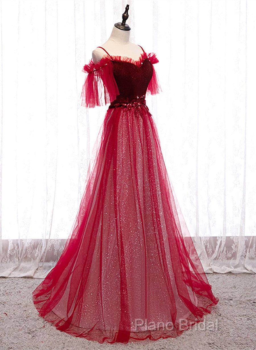 Red A-Line Floor Length Off Shoulder Long Formal Prom Dresses, Red Long Formal Dresses