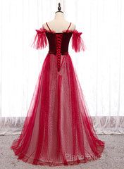 Red A-Line Floor Length Off Shoulder Long Formal Prom Dresses, Red Long Formal Dresses