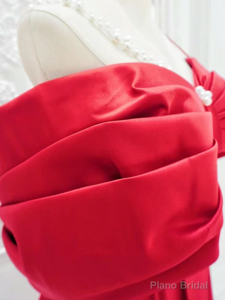 Red A-Line Off Shoulder Satin Long Prom Dress, Red Long Formal Dress
