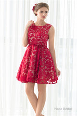 Red A-line Sleeveless Short Lace Homecoming Dresses