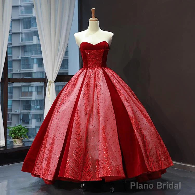 Red A Line Strapless Appliques Sequin Tulle Prom Dresses Main image