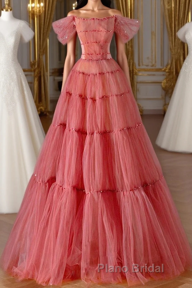 Red Aline Tulle Long Formal Prom Dresses, Red Tulle Formal Graduation Dresses With Beading Sequin Main image