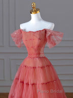 Red Aline Tulle Long Formal Prom Dresses, Red Tulle Formal Graduation Dresses With Beading Sequin