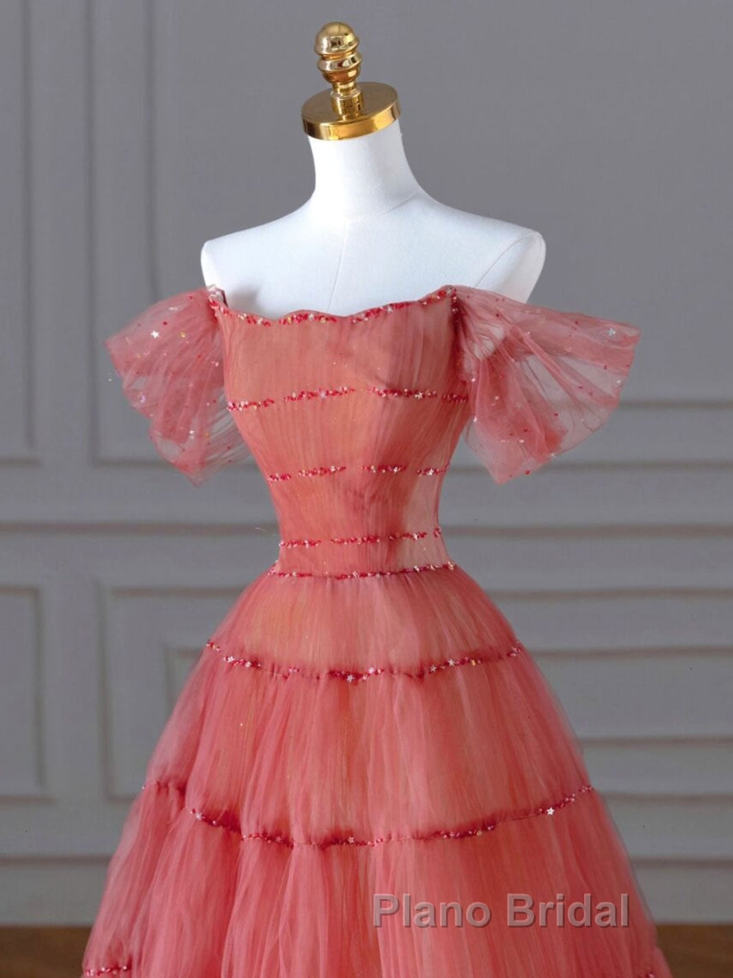 Red Aline Tulle Long Formal Prom Dresses, Red Tulle Formal Graduation Dresses With Beading Sequin