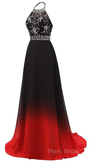 Red And Black Halter Beaded Chiffon Party Dresses, A-Line Gradient Formal Dresses Secondary image