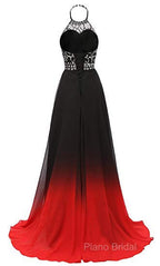Red And Black Halter Beaded Chiffon Party Dresses, A-Line Gradient Formal Dresses