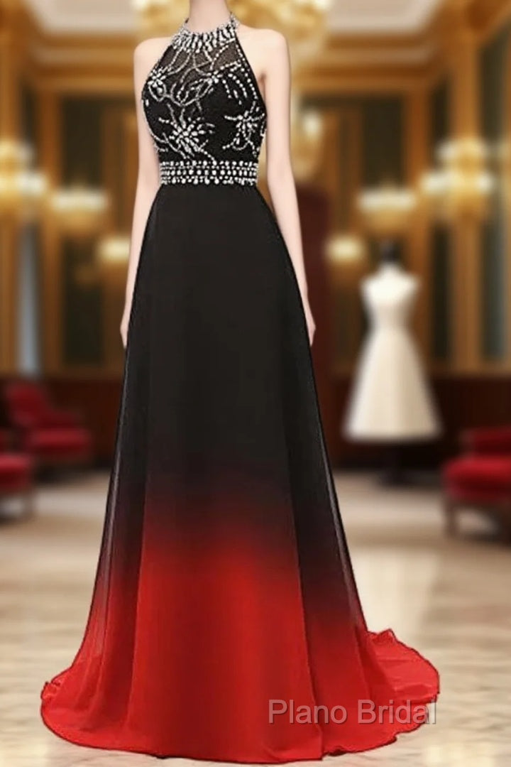 Red And Black Halter Beaded Chiffon Party Dresses, A-Line Gradient Formal Dresses Main image